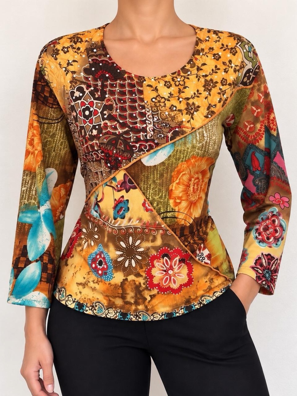 Y2K Colorful Patchwork Whimsygoth Boho Hippie festival fitted blouse shirt top